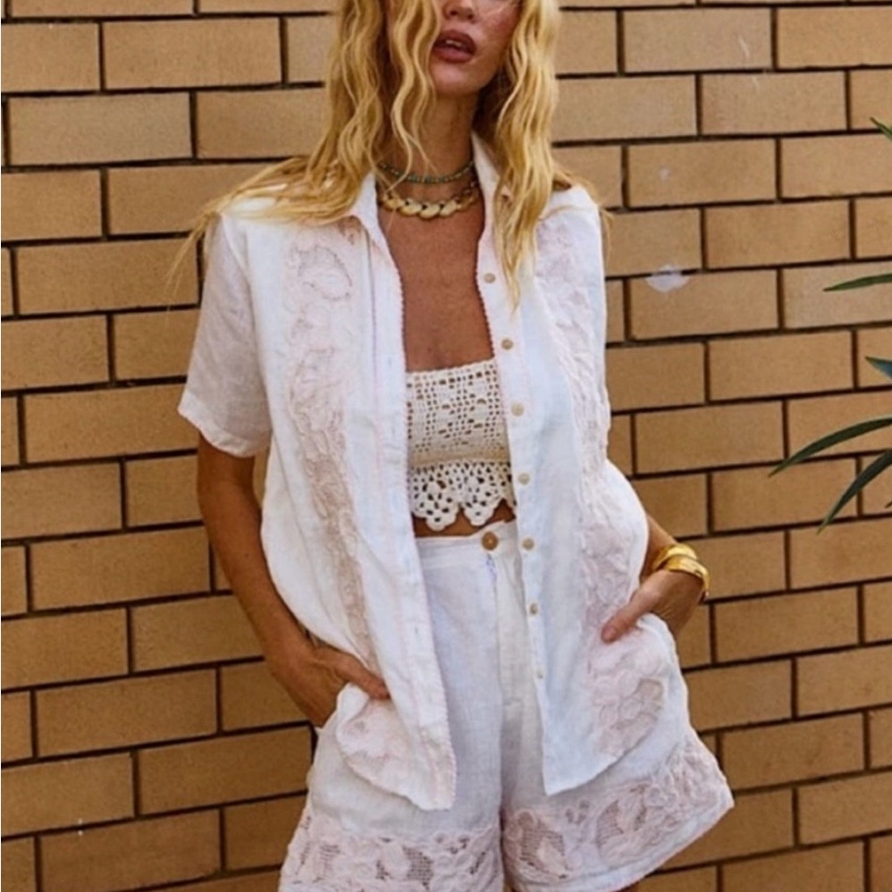 Nwt Rare Set!!! Chasing Unicorns Blush Crochet Knit Top & Linen Shorts — image 3 of 8